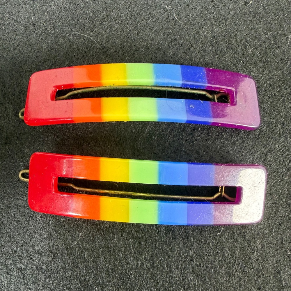 Vintage Goody 70s 80s Set of 2 Rainbow Barrettes Rectangle Colorful Pride 2.5"